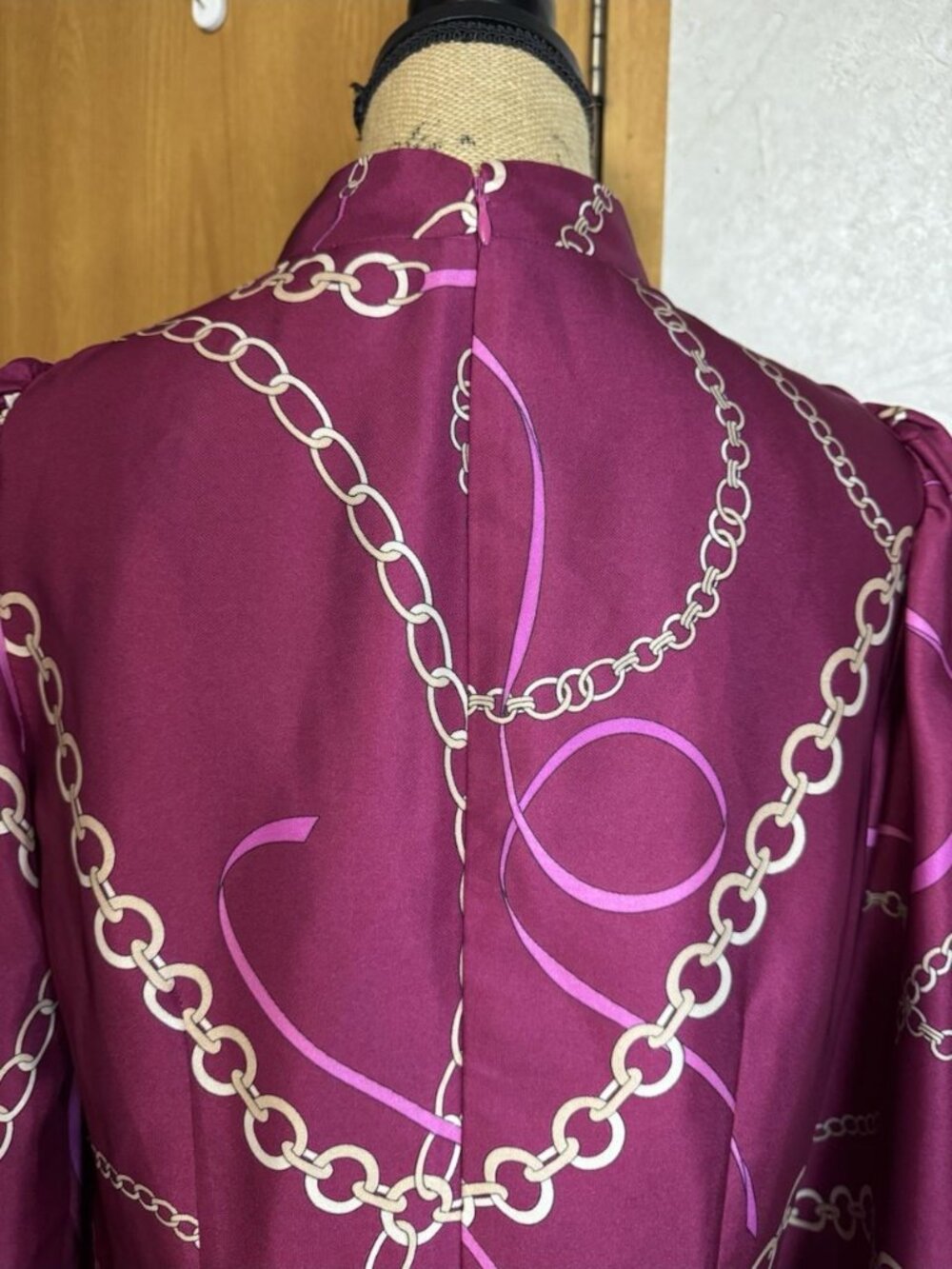 ANN TAYLOR Chain Print Tunic Dress Satin Puff Sleeve MEDIUM Quiet Lux Office - Picture 9 of 10